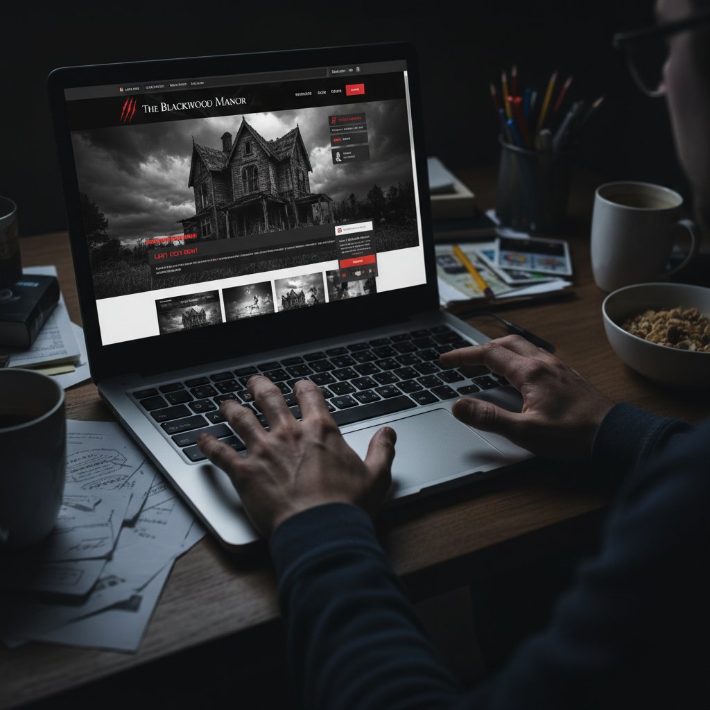 Close-up of suspicious hotel website on laptop, hands hesitating, home office, tense atmosphere