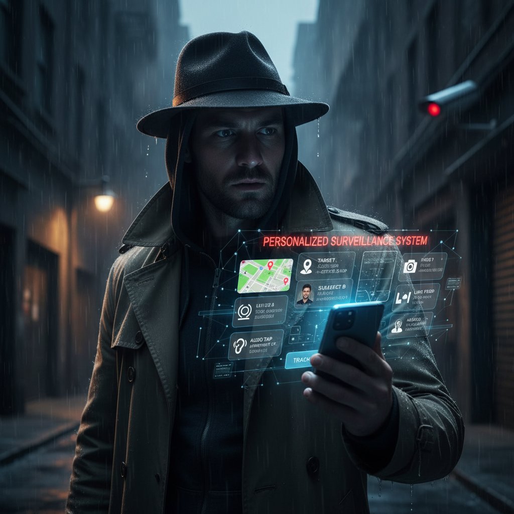 Mężczyzna patrzący podejrzliwie na smartfon, na ekranie widać spersonalizowane powiadomienia i reklamy