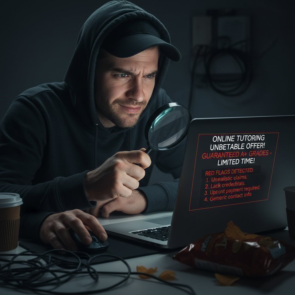 Osoba zaniepokojona analizująca ofertę korepetycji online, wyłapująca podejrzane elementy na ekranie