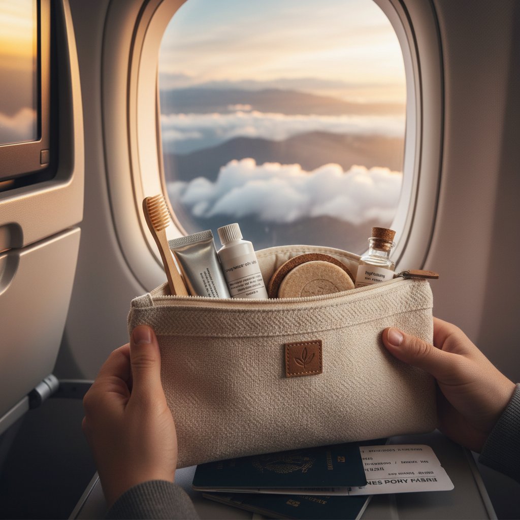 Nowa generacja ekologicznych amenity kitów, minimalistyczny design, inteligentne funkcje, podróżnik przy oknie samolotu