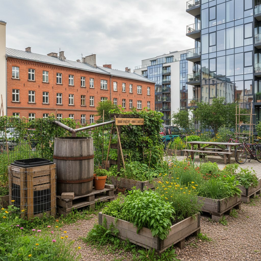 Widok na ogród w Poznaniu po wdrożeniu systemów oszczędności wody – bujna zieleń, zbiornik na deszczówkę