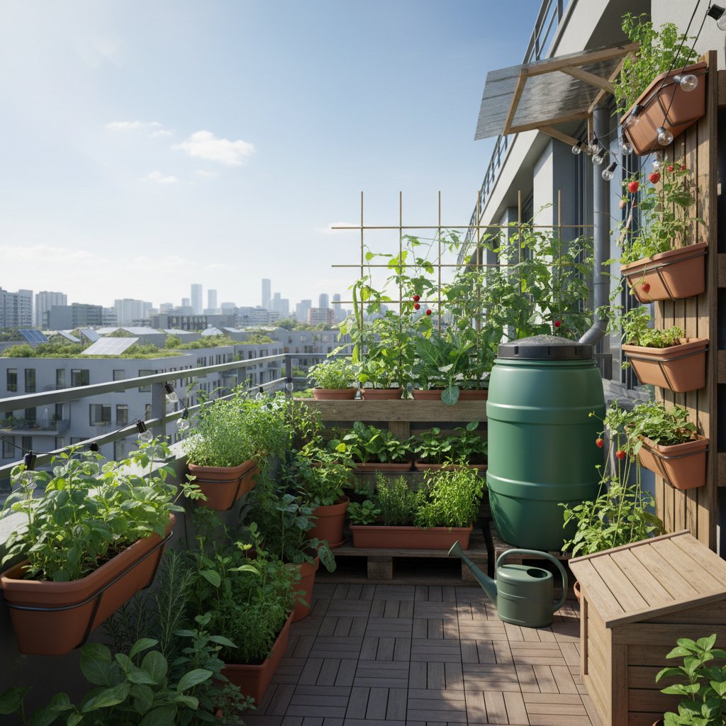 Nowoczesny balkon miejski z ekologicznym ogrodem, rośliny jadalne, zbiornik na deszczówkę