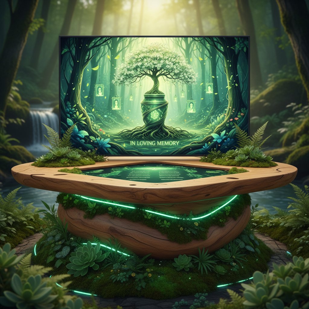 Sustainable virtual memorial design, nature-inspired digital altar with green accents