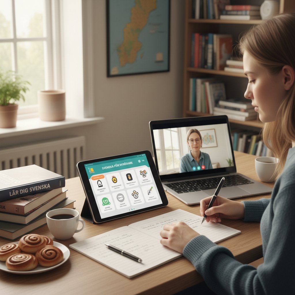 Osoba ucząca się szwedzkiego na laptopie, widoczne aplikacje i podręczniki