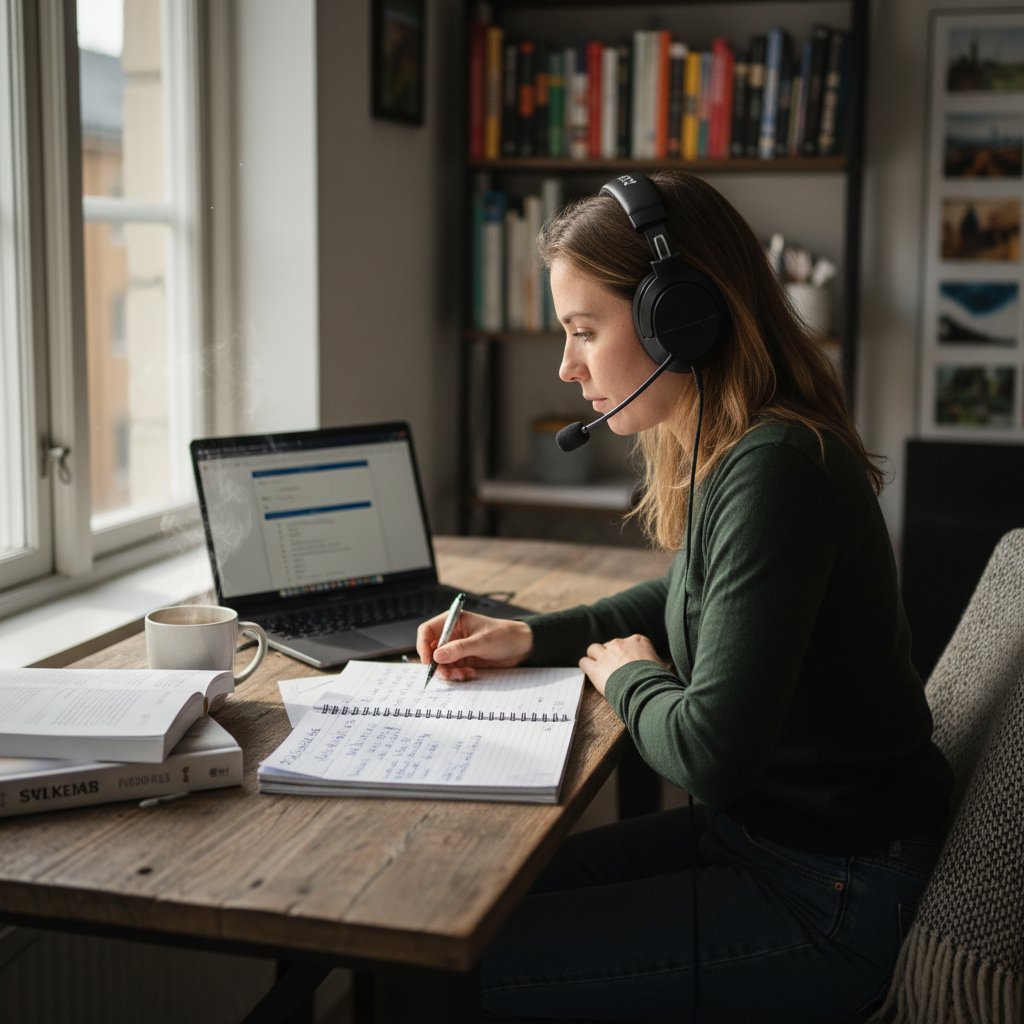 Student powtarzający na głos słowa ze szwedzkiego podcastu, słuchawki na uszach, notatki