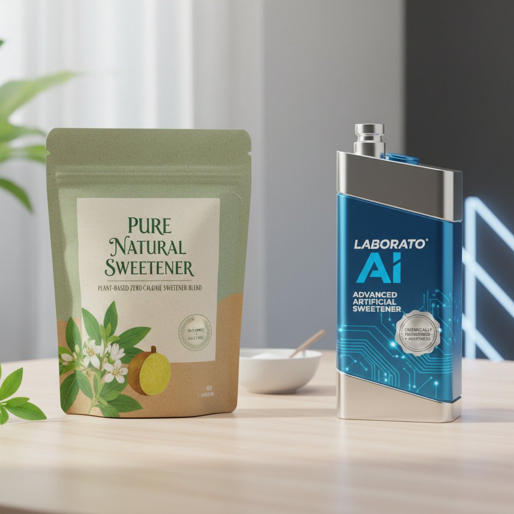 Opakowania różnych słodzików obok siebie na stole, widoczny kontrast między naturalnymi i syntetycznymi