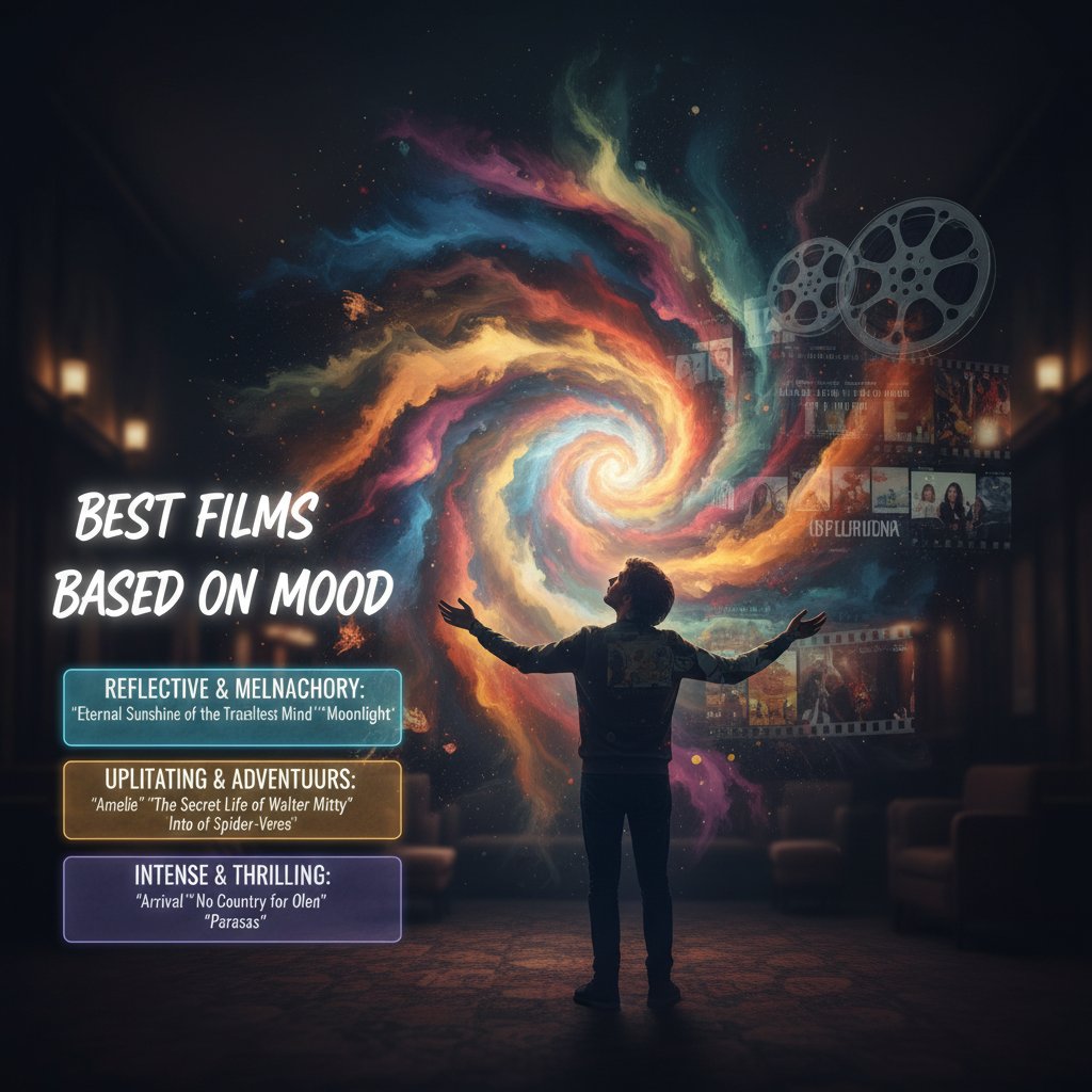 Artistic depiction of swirling mix of emotions around a figure, best films based on mood