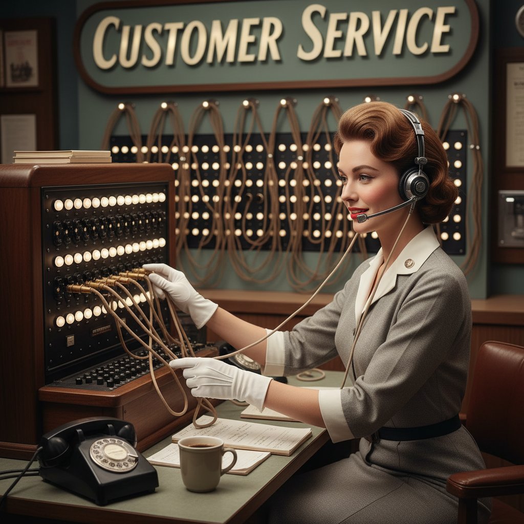 Retro-style photo of a 1950s switchboard operator representing the early customer support era