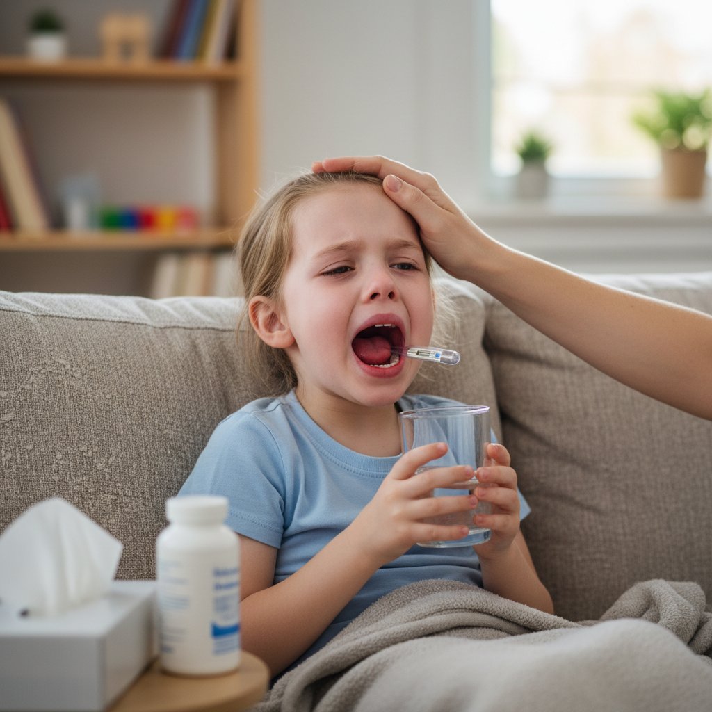 Zdjęcie dziecka z obrzękniętymi migdałkami, wyraz bólu na twarzy, światło podkreślające dramatyzm sytuacji