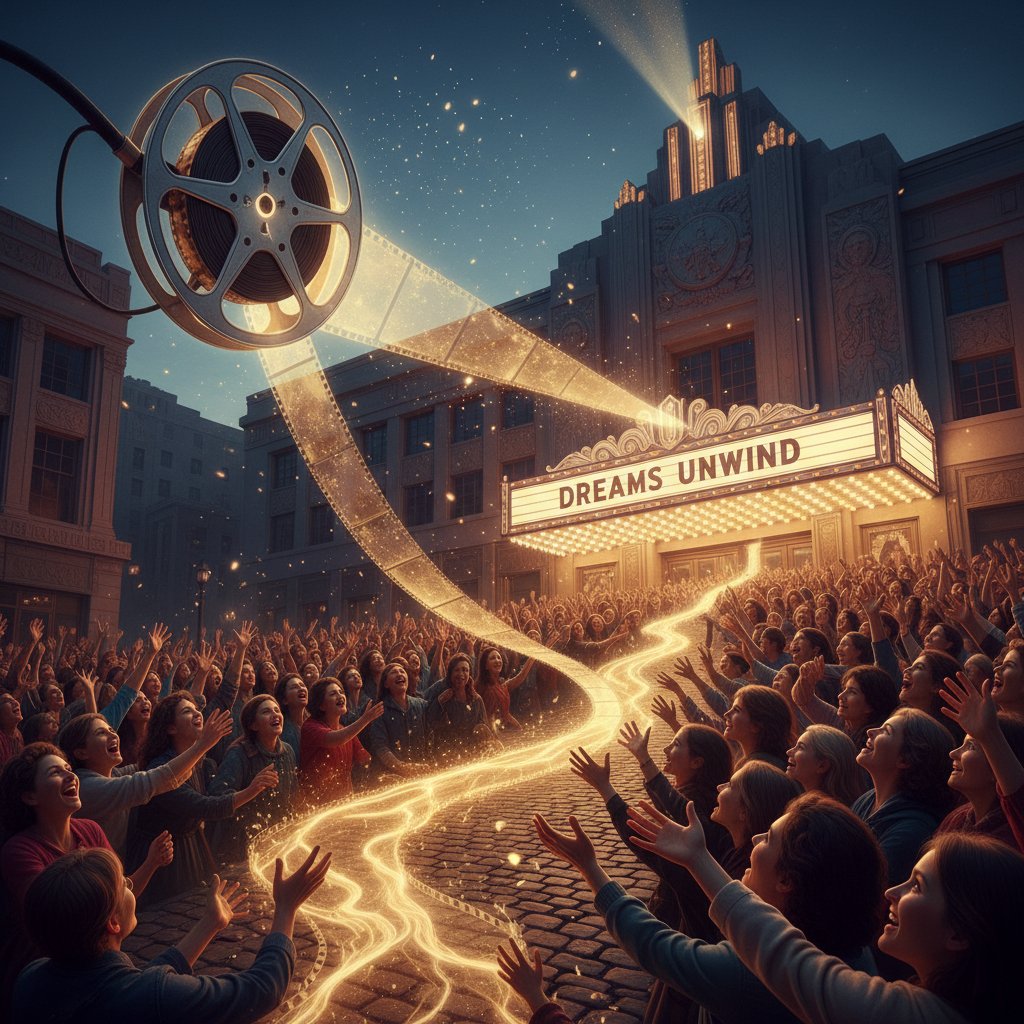 Film reel transforming into a vibrant crowd of cinema lovers, symbolizing how movie fan cuts democratize film culture