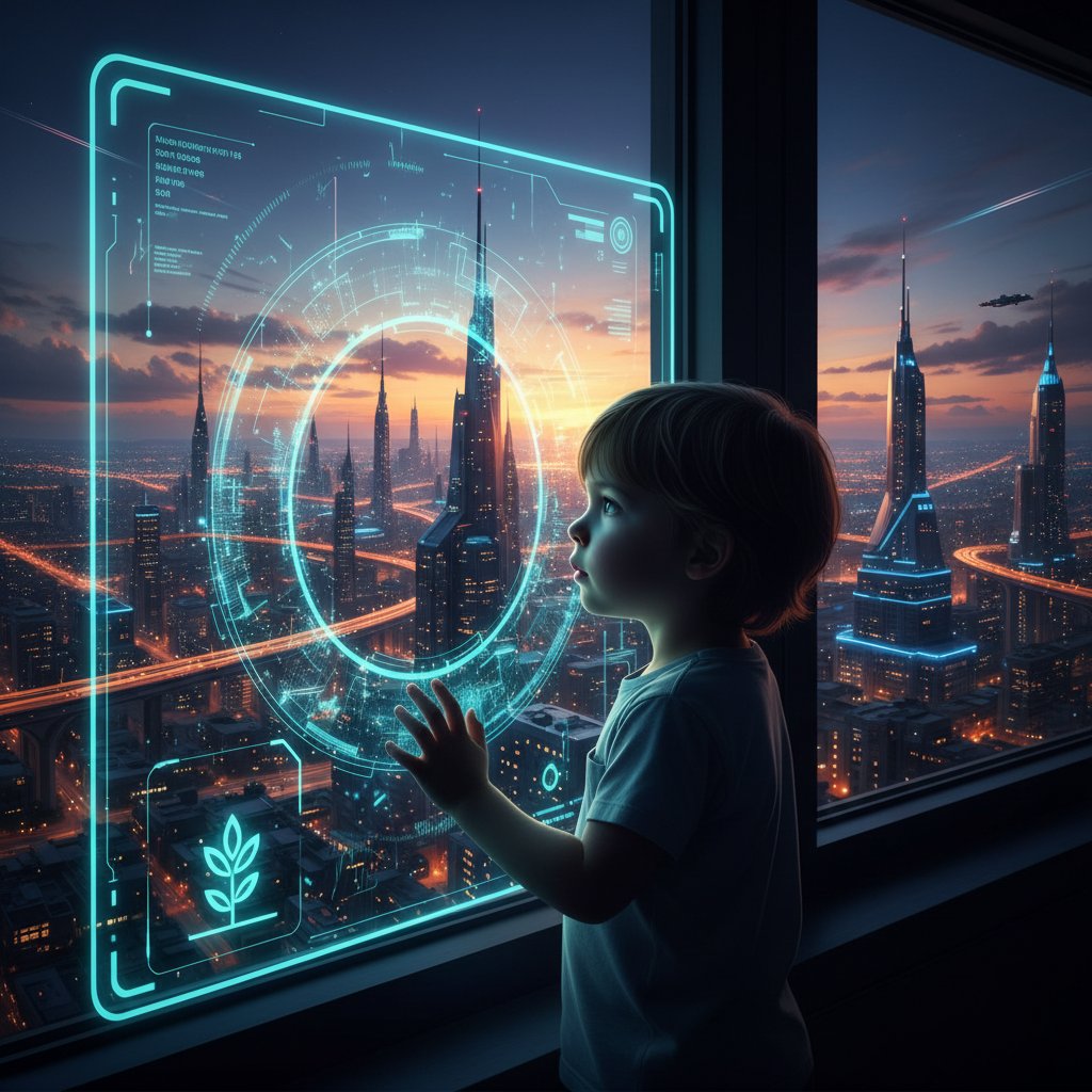 Przyszłość cyfrowej opieki pediatrycznej w Polsce – dziecko wpatrzone w rozświetlony ekran na tle miasta o zmierzchu