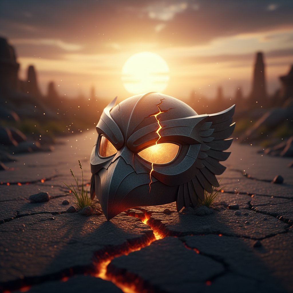 A superhero mask on city pavement symbolizing DC movie themes, symbolic, hero’s mask on cracked pavement, sunrise glow, allegorical tone