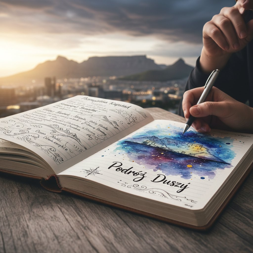 Otwarty dziennik z polskimi notatkami na tle panoramy Kapsztadu