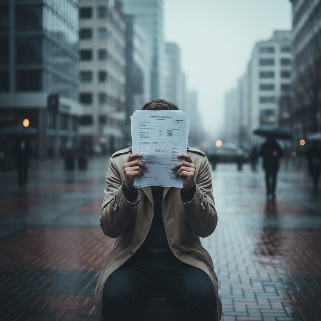Osoba ukrywająca twarz za dokumentami, symbolizująca wstyd i brak zaufania do instytucji