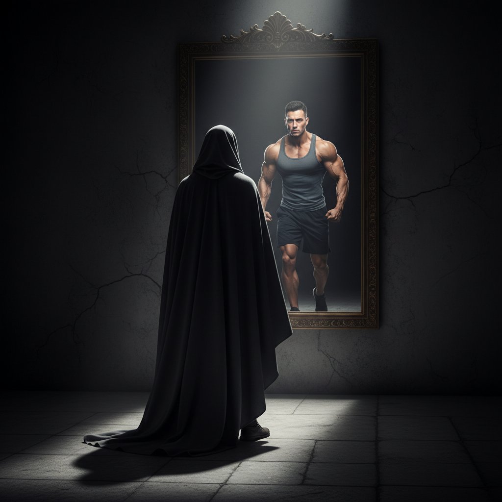 Osoba patrząca w lustro, widzi sportowca, metafora zmiany tożsamości