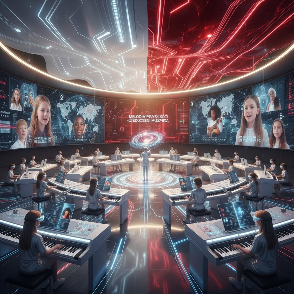 Nowoczesna klasa muzyczna z polskimi akcentami i międzynarodowymi ekranami w tle