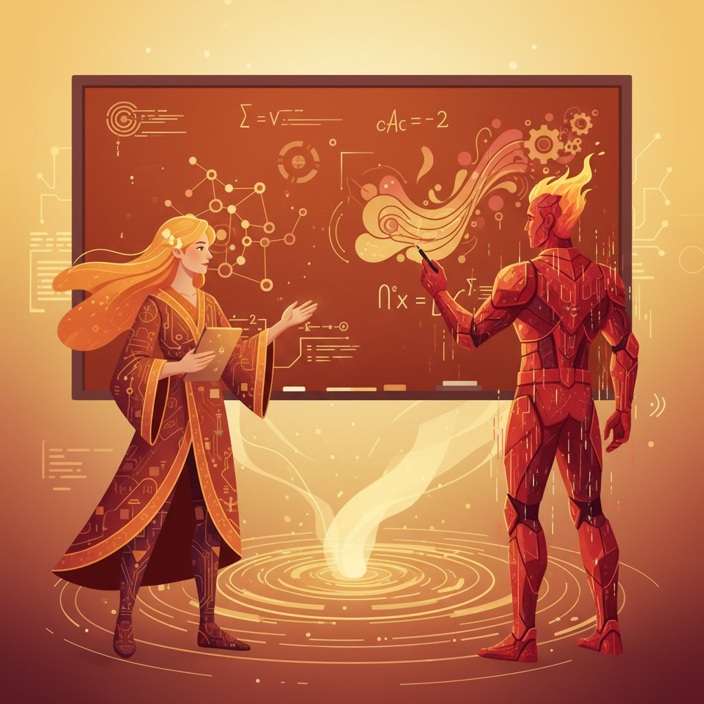 Lehrkraft und digitaler Avatar unterrichten gemeinsam, respektvolle Atmosphäre.