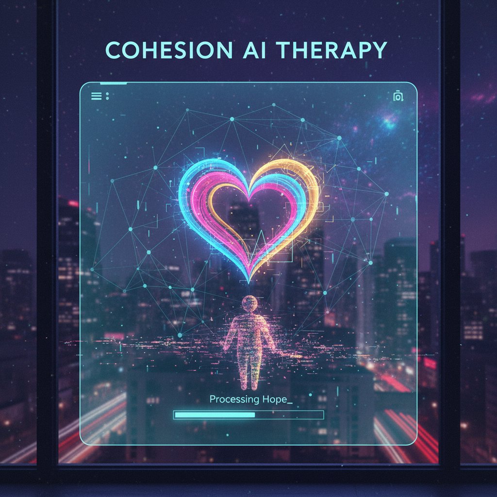 Symboliczny interfejs AI terapeutyczny z podświetlonym sercem, nocna sceneria miasta