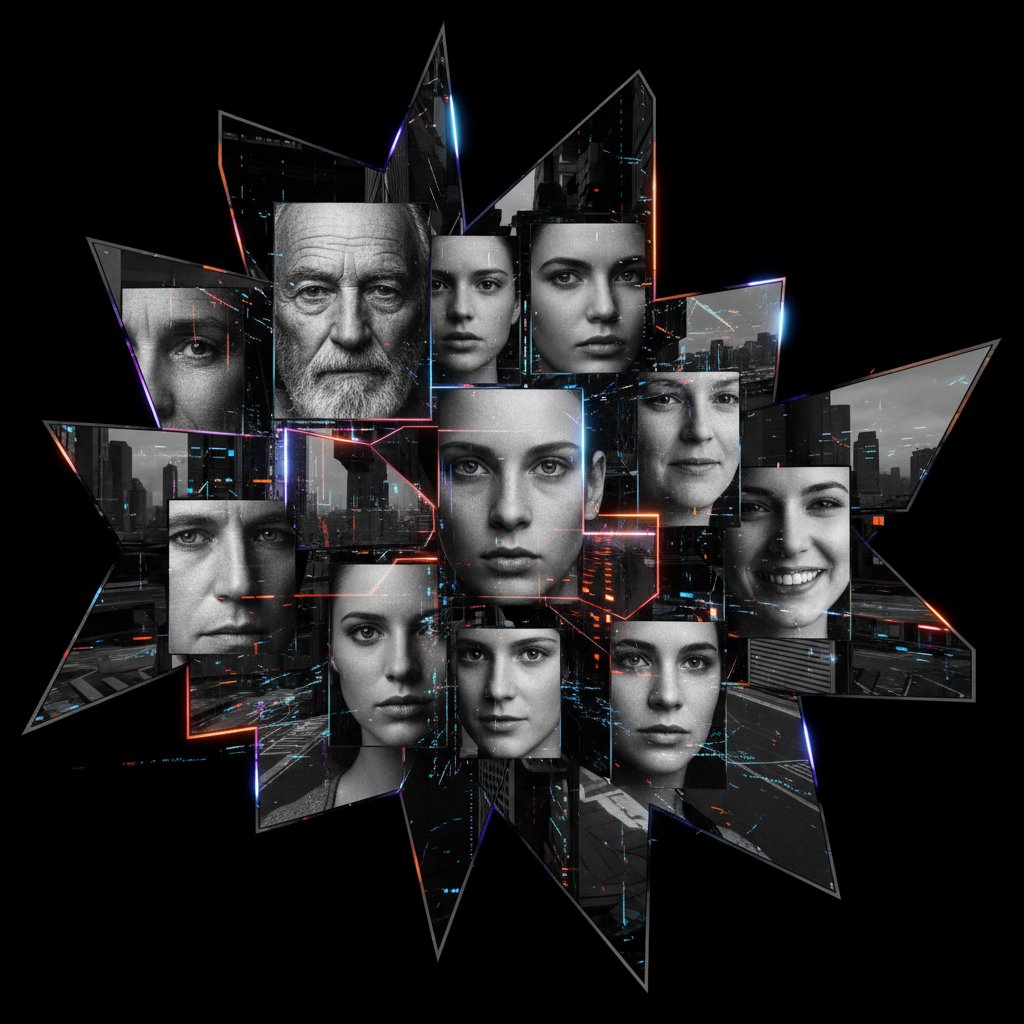 Różnorodne twarze w odbiciu cyfrowego lustra, symbol zmiany kanonów piękna