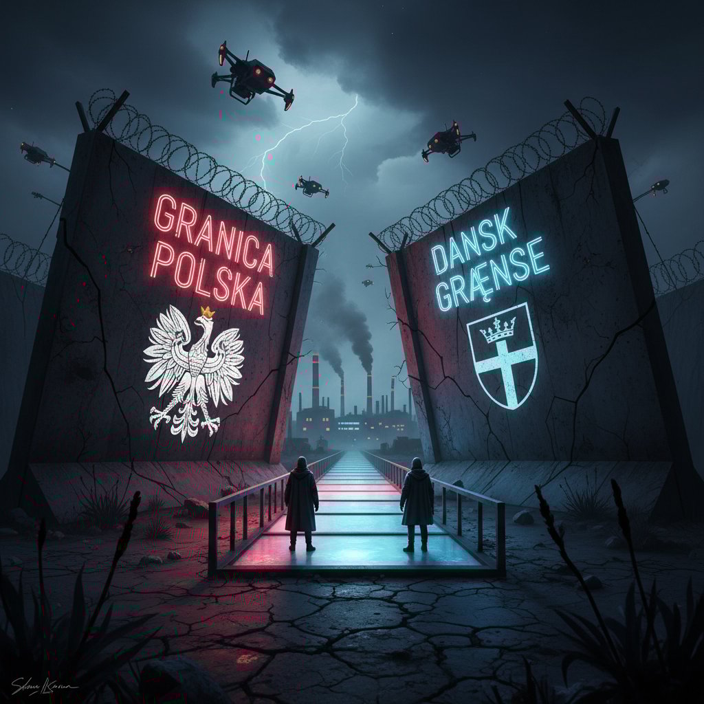 Symboliczne przejście graniczne Polska–Dania z nowoczesnymi znakami i napiętą atmosferą