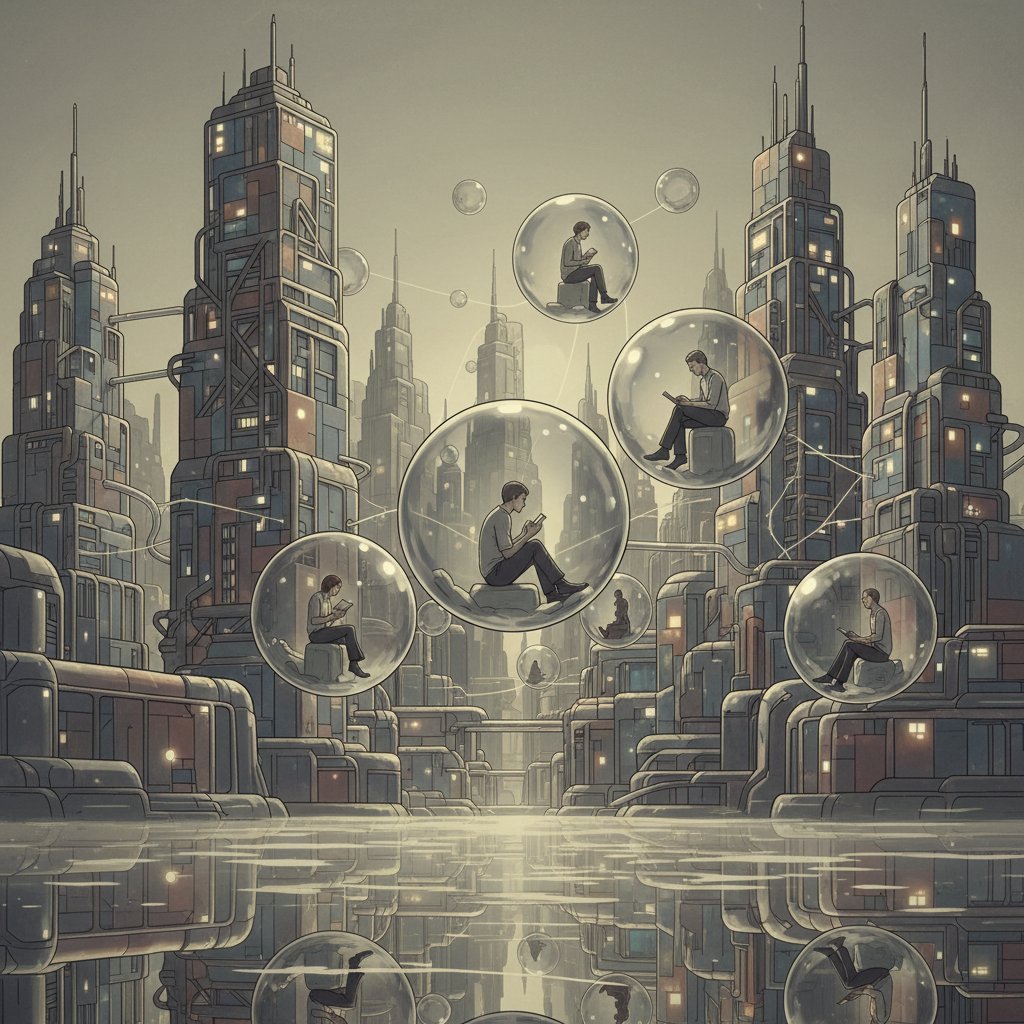 Symboliczne miasto, ludzie w szklanych bańkach, wizja społeczeństwa bez oceniania