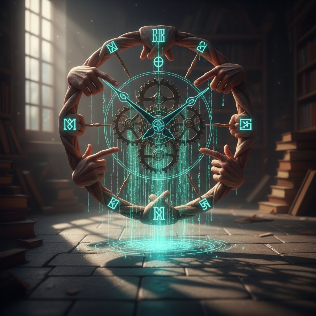 Symboliczny zegar z ludzkimi wskazówkami i cyfrowym kodem w tle – wizualizacja pojęcia teleologii w świecie nauki i technologii