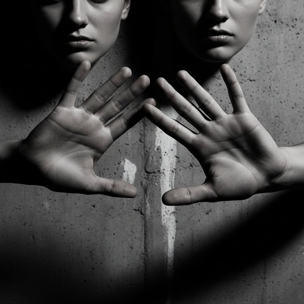 Symboliczna scena dwóch dłoni odtrącających się nawzajem, pogłębione cienie