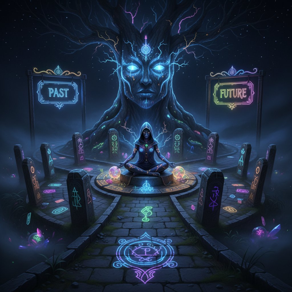 Symboliczne rozdroże nocą: wróżka w neonach kontra starożytna wyrocznia na kamieniu