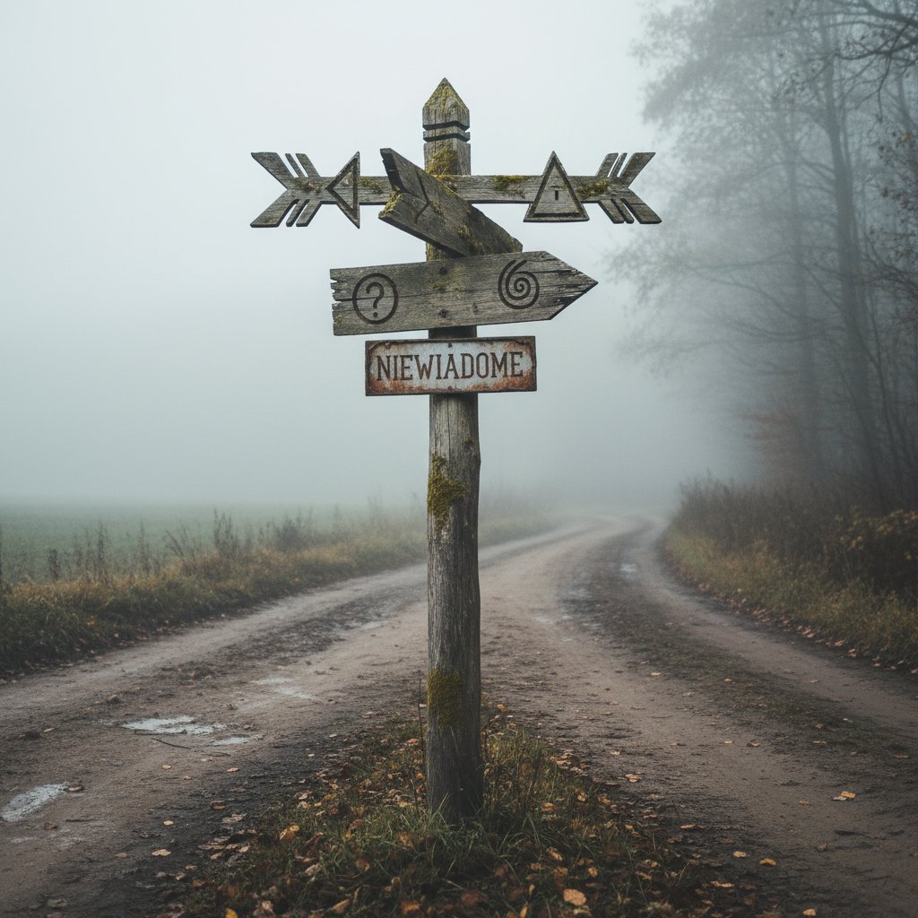 Symboliczny drogowskaz na rozdrożu, mglista polska wieś, niejasny kierunek, decyzja