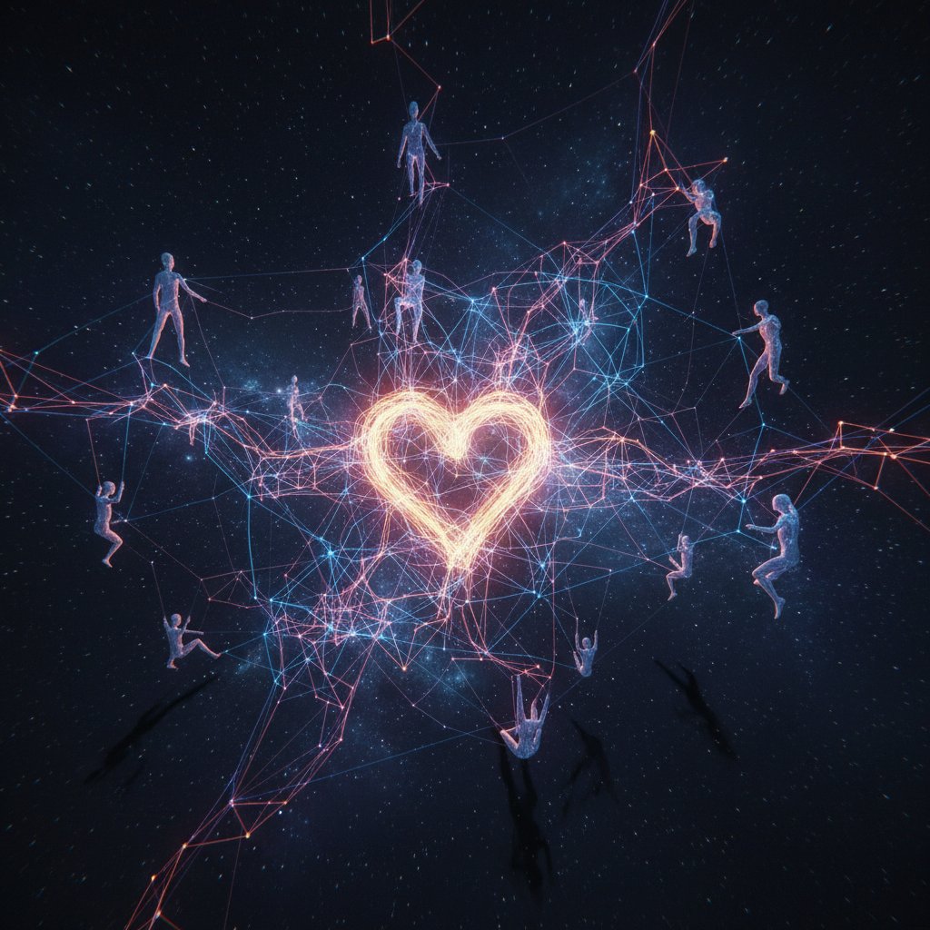 Symboliczna sieć komputerowa łącząca ludzi, połączenia cyfrowe, silne światło, sylwetki ludzkie