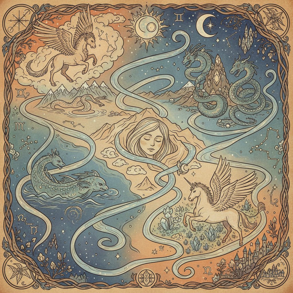Symboliczna mapa snów z mitologicznymi stworzeniami i krętymi ścieżkami, odwołanie do snów o podróżach