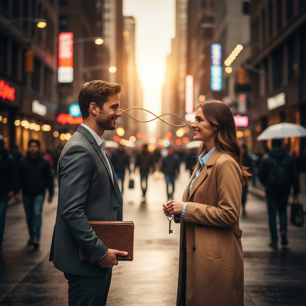 Dwie osoby wymieniają porozumiewawcze uśmiechy na zatłoczonej ulicy — poczucie humoru, więź, relacje