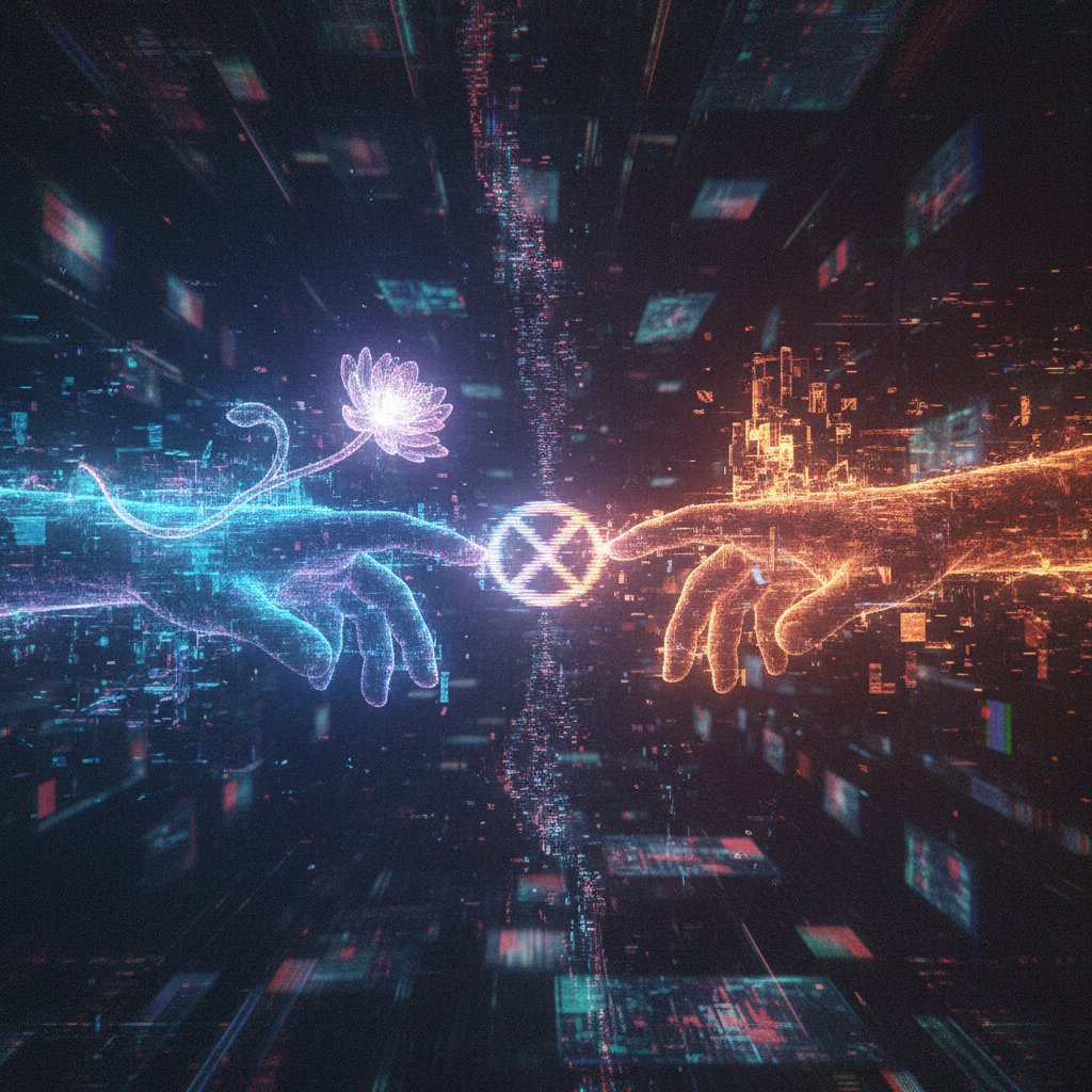 Symboliczne dłonie sięgające przez cyfrowy szum