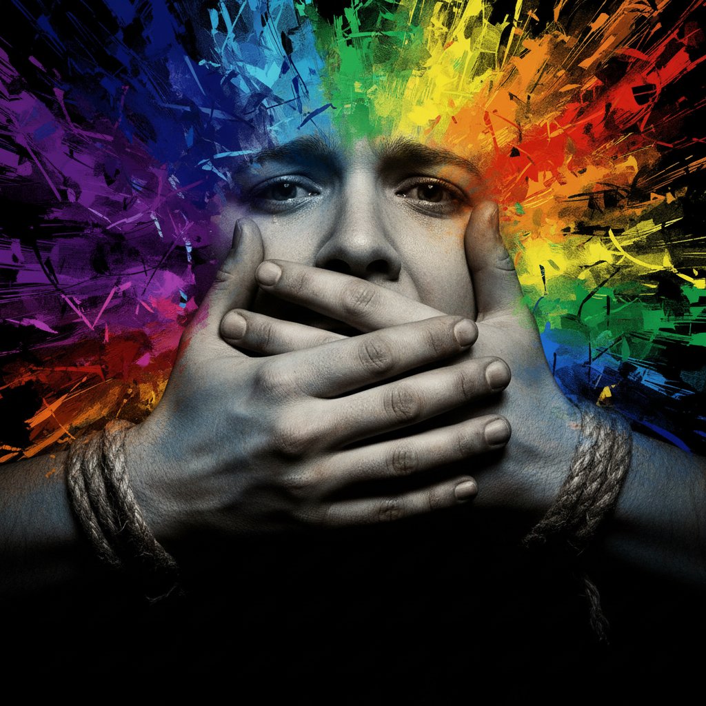 Symboliczne zasłonięcie ust osób LGBT w historii Polski, wyrażające ciszę jako narzędzie kontroli