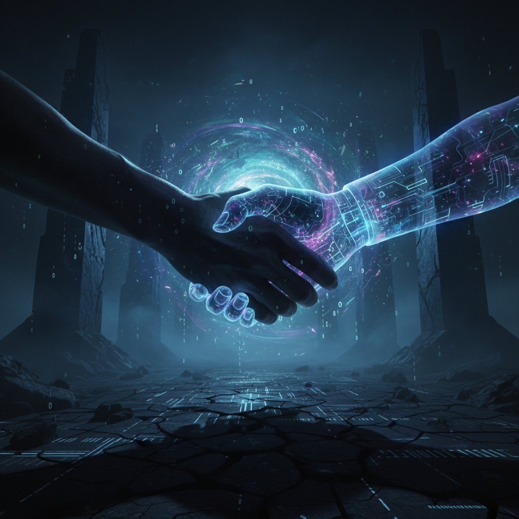 Symboliczne uścisk dłoni człowieka i AI w cienistym otoczeniu