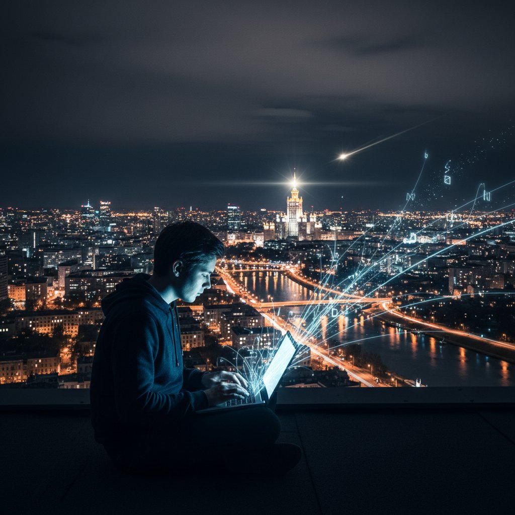 Polski student z laptopem na dachu, noc, przełomowy moment nauki SAP