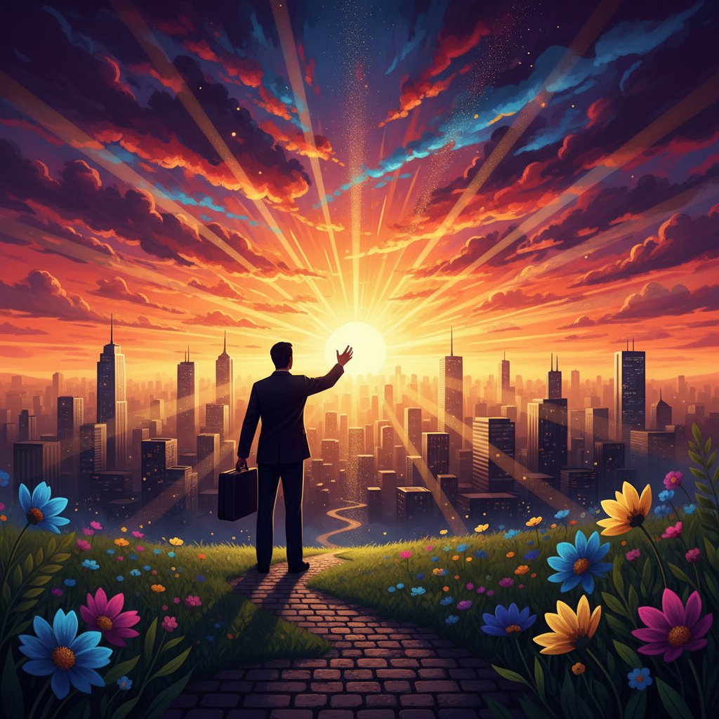 Sylwetka nauczyciela z walizką na tle wschodzącego słońca nad miastem.