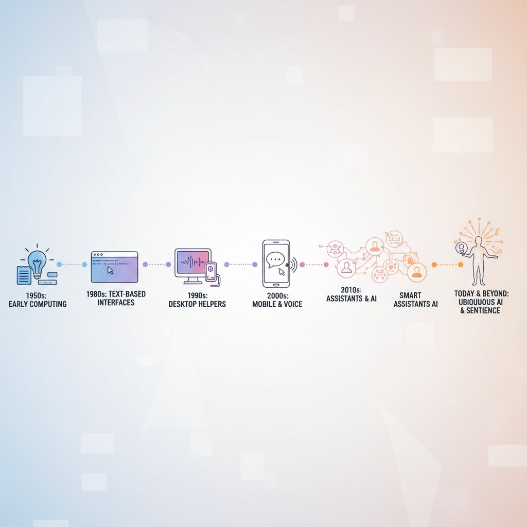 Symbolic illustration of the evolution of digital assistants for enterprise productivity, showing a timeline of technological progression with clean lines