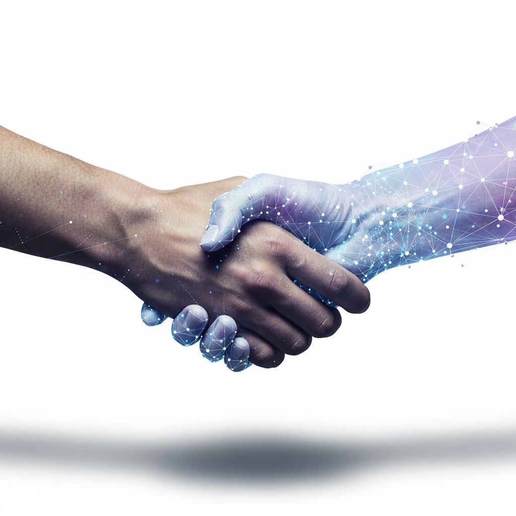 Symboliczny uścisk dłoni człowieka i AI – przyszłość współpracy