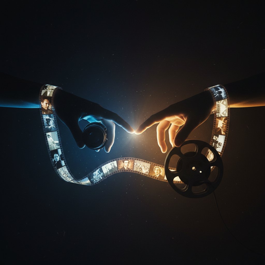 Symbolic image of human connection in cinema, close-up of two hands almost touching in a dark background