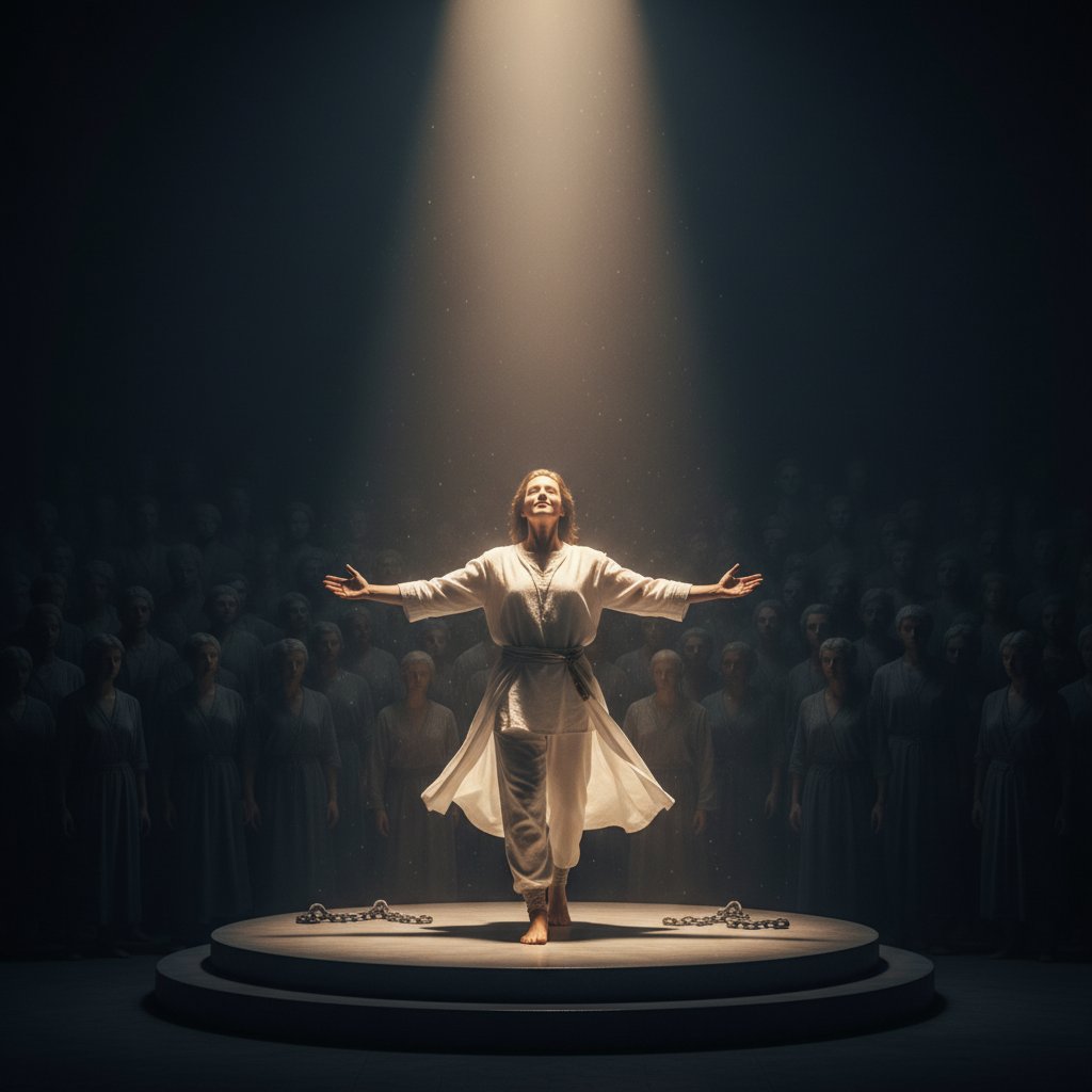 Wyjście z presji otoczenia – osoba wychodząca z tłumu w świetle reflektora, symbol wolności