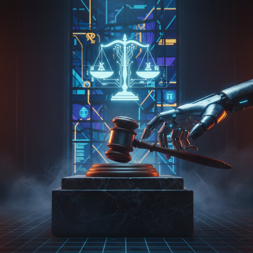 Sztuczna inteligencja i symbole prawa – młotek sędziowski i ręka robota