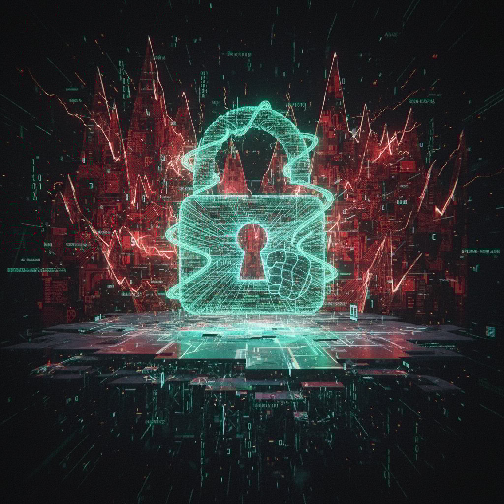 Symboliczny zamek i kod komputerowy w dynamicznym, niepokojącym klimacie