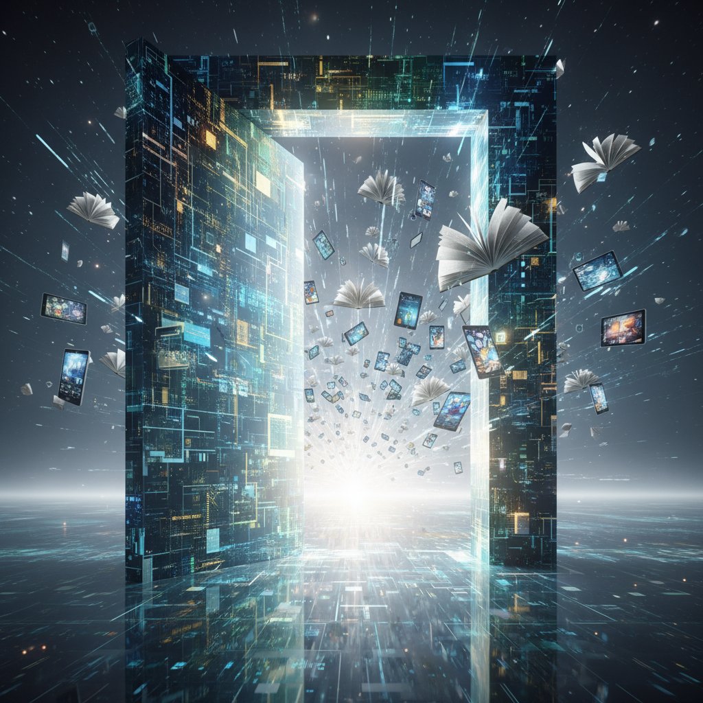 Symboliczne otwarte cyfrowe drzwi, przez które wpada światło, obok książki i urządzenia – nowe możliwości nauki HR online