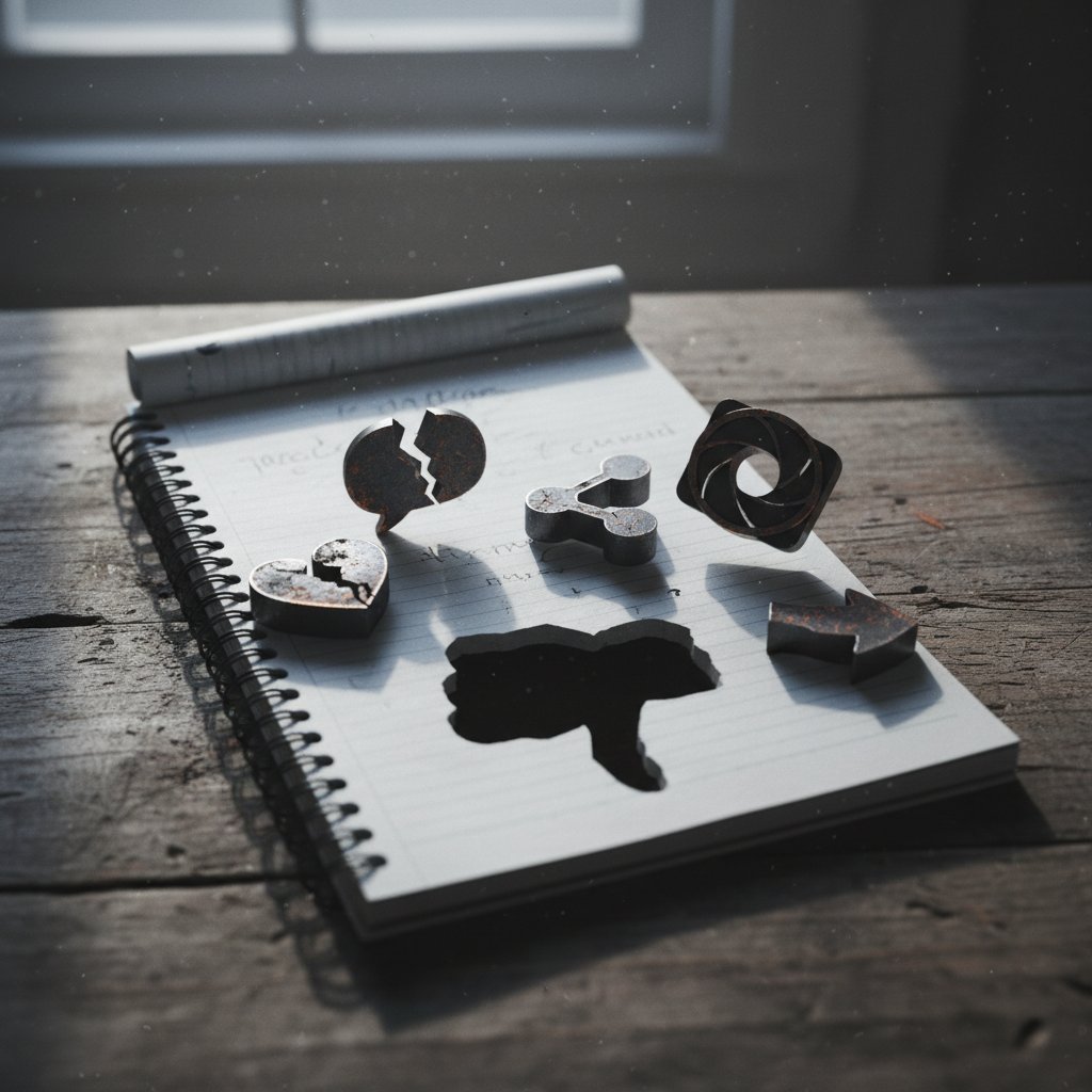 Symboliczne zdjęcie podartego notatnika z ikonami mediów społecznościowych, sugerujące zerwanie z przestarzałymi zasadami, skuteczne treści społecznościowe