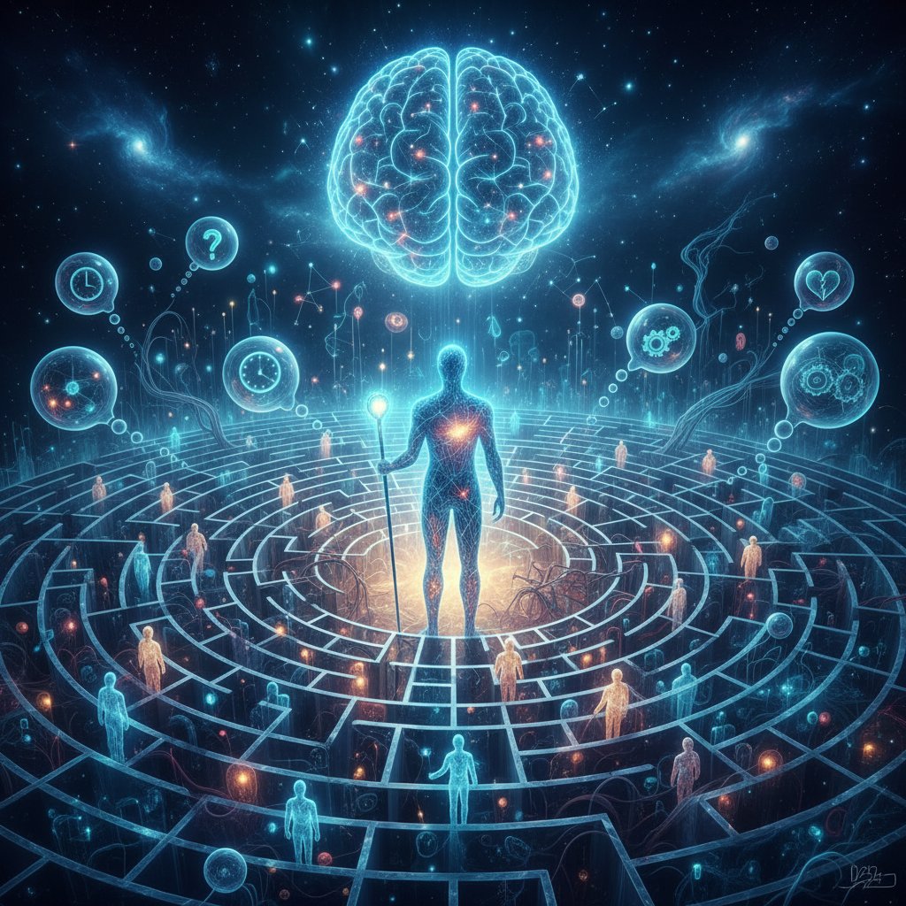 Symboliczne przedstawienie psychologa analizującego złożone schematy myślowe