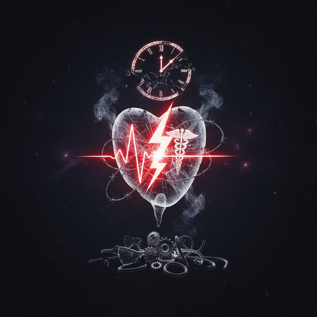 Symboliczny obraz przedstawiający ryzyko powikłań po wentrikulostomii, czarne tło, niepokojąca atmosfera