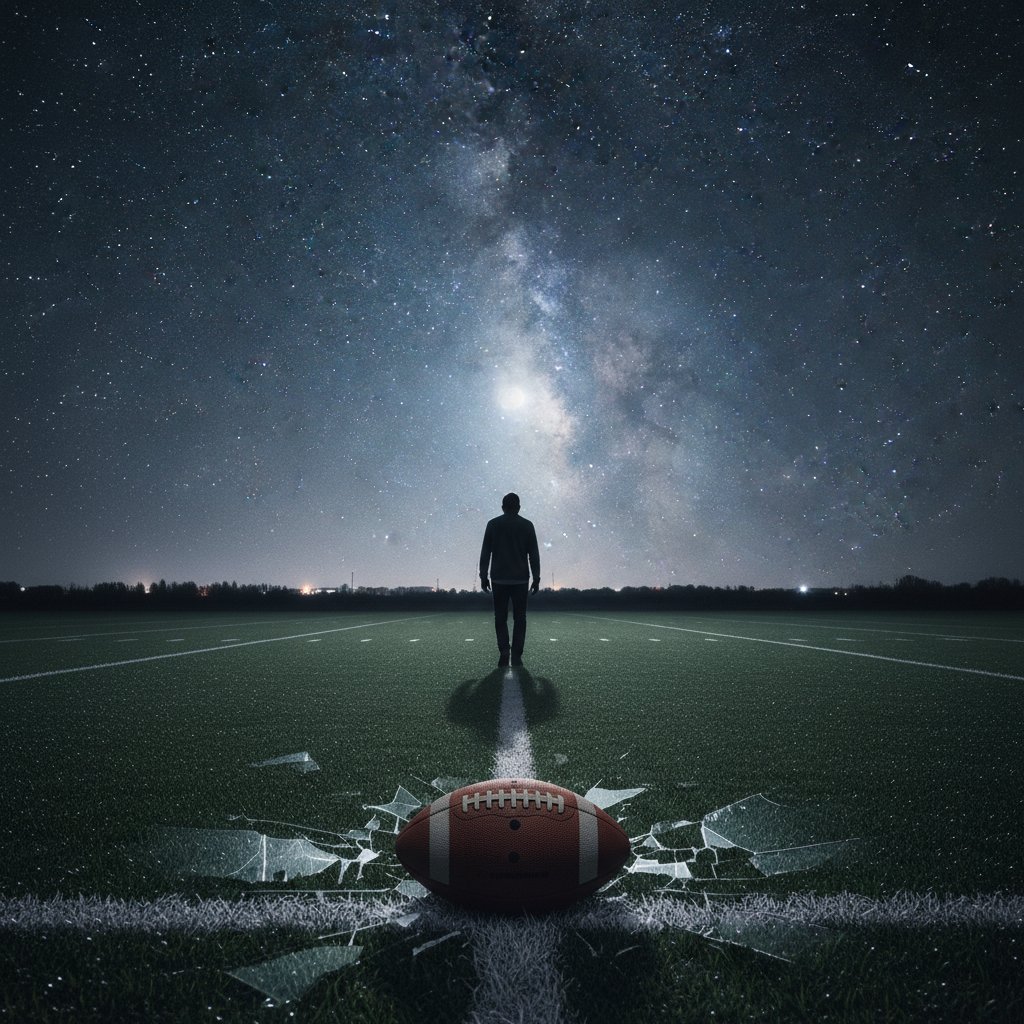 Lone figure walking across football field at night, symbolizing reflection