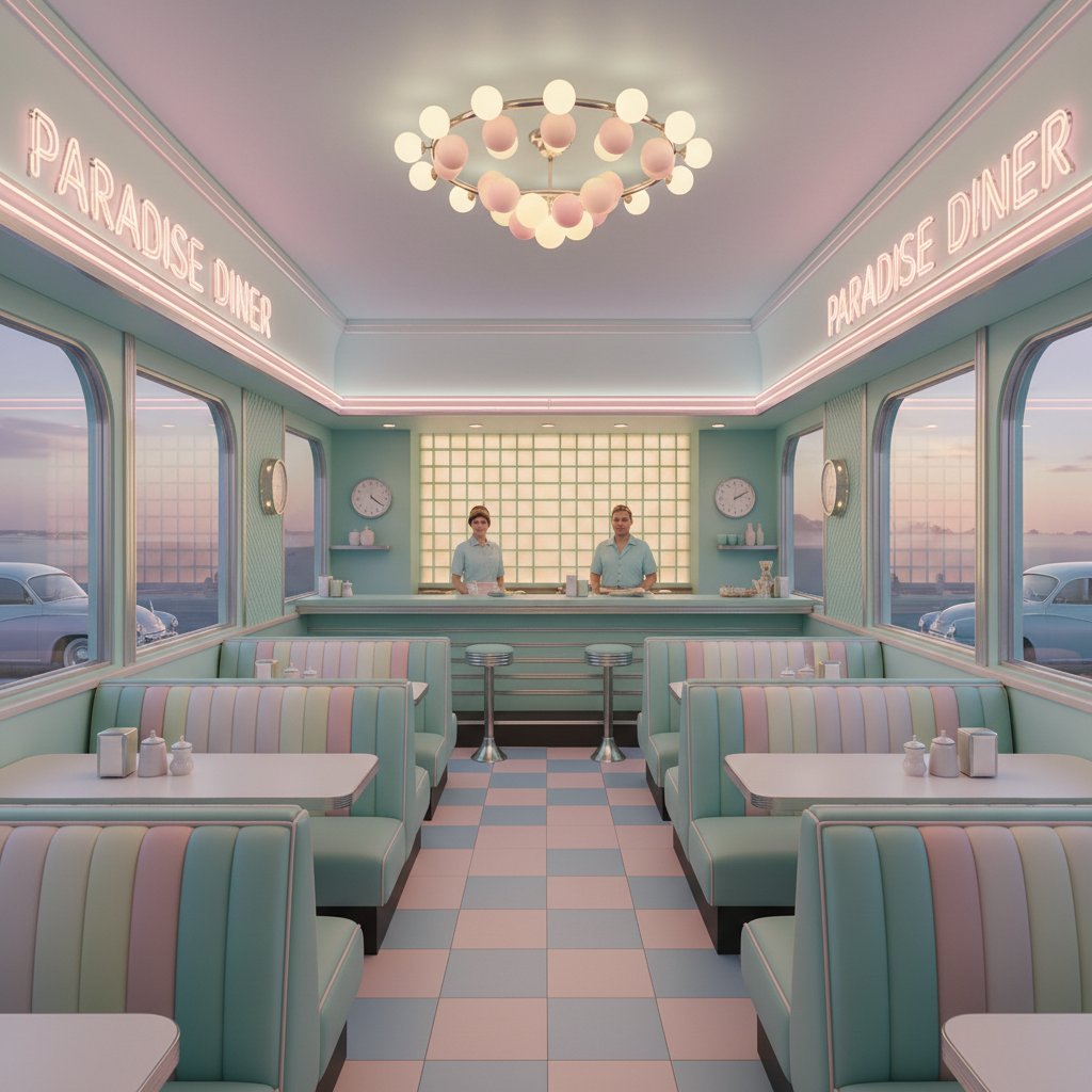 Symmetrical retro diner scene, characters spaced evenly, in pastel tones
