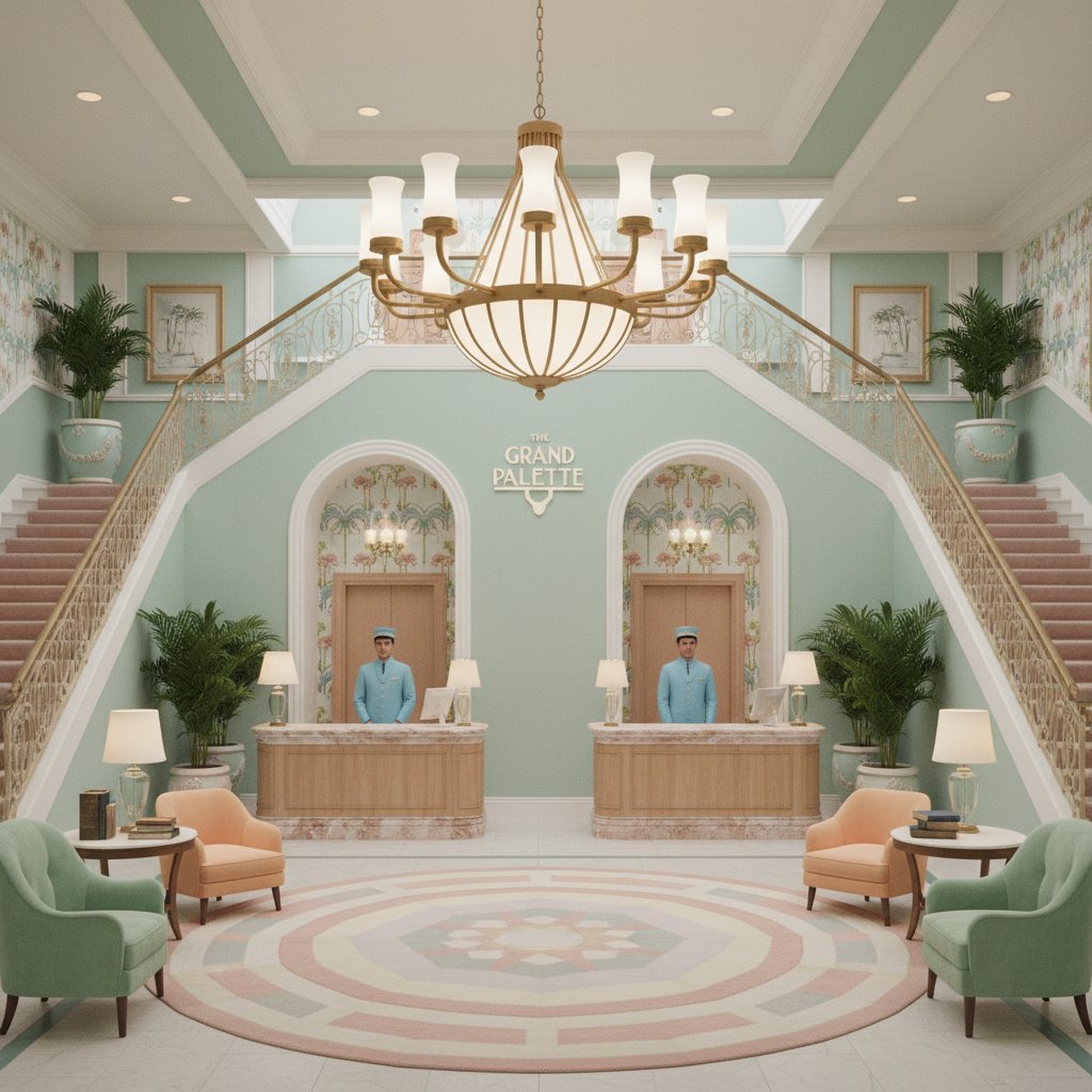 Symmetrical vintage hotel lobby in pastel colors, evoking Wes Anderson’s style